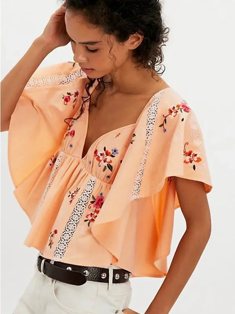 Free People Peach Embroidered V-Neck Flutter Top